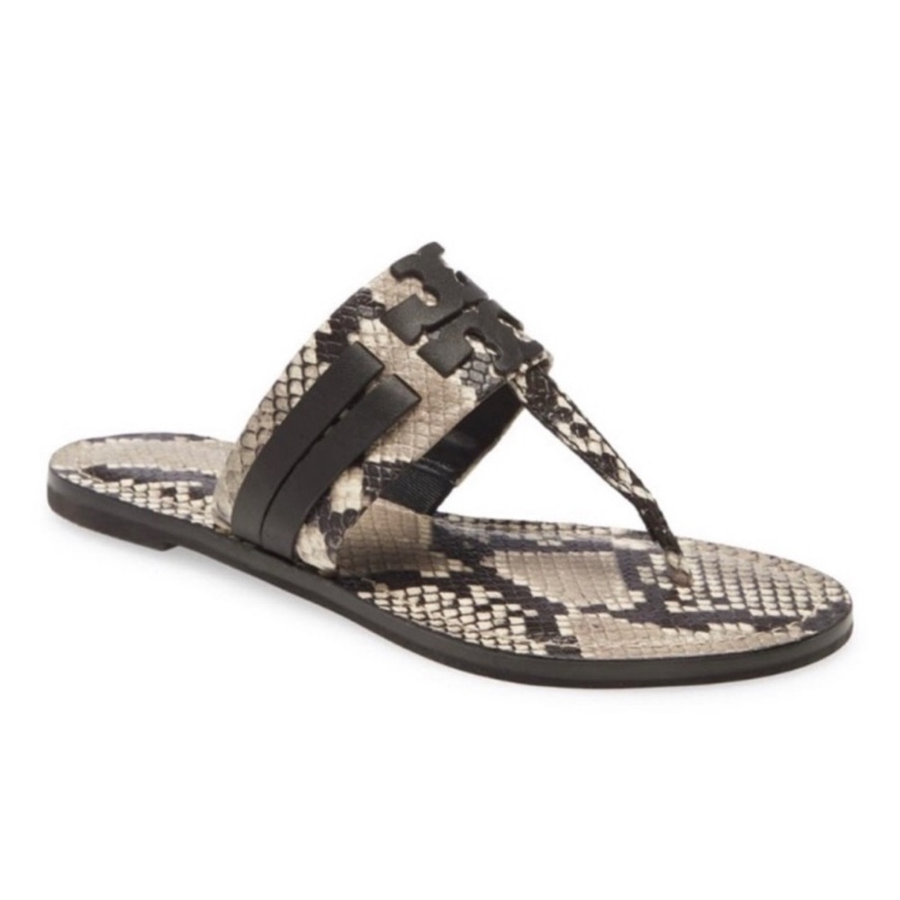 Tory Burch Leigh Flip Flop Double T Logo Snake Print Leather Sandals